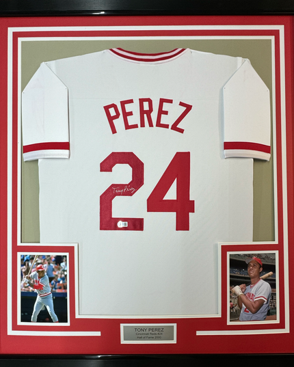 Framed Autographed/Signed Tony Perez 35x39 Cincinnati White Baseball Jersey Beckett BAS COA