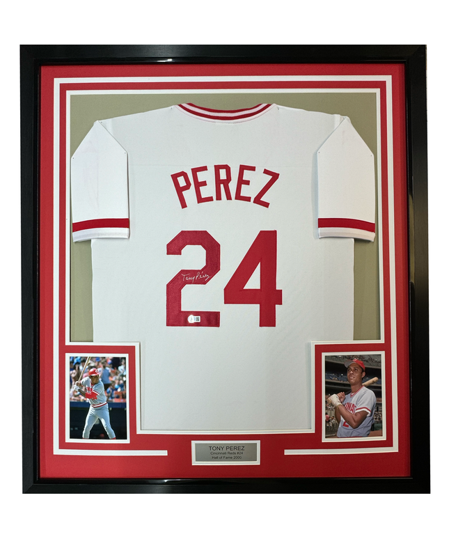 Framed Autographed/Signed Tony Perez 35x39 Cincinnati White Baseball Jersey Beckett BAS COA