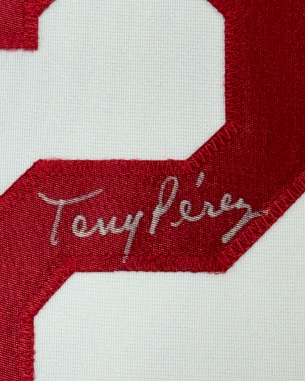 Framed Autographed/Signed Tony Perez 35x39 Cincinnati White Baseball Jersey Beckett BAS COA