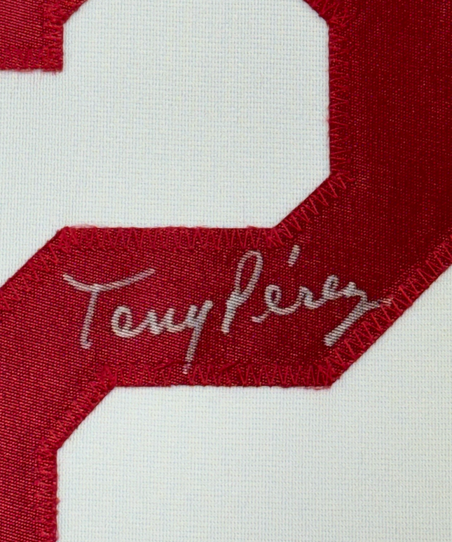Framed Autographed/Signed Tony Perez 35x39 Cincinnati White Baseball Jersey Beckett BAS COA