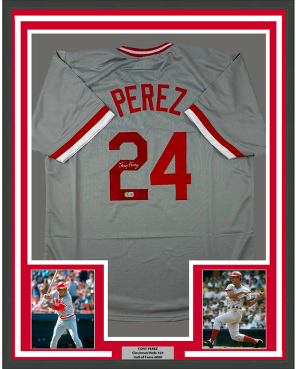 Framed Autographed/Signed Tony Perez 35x39 Cincinnati Grey Baseball Jersey Beckett BAS COA
