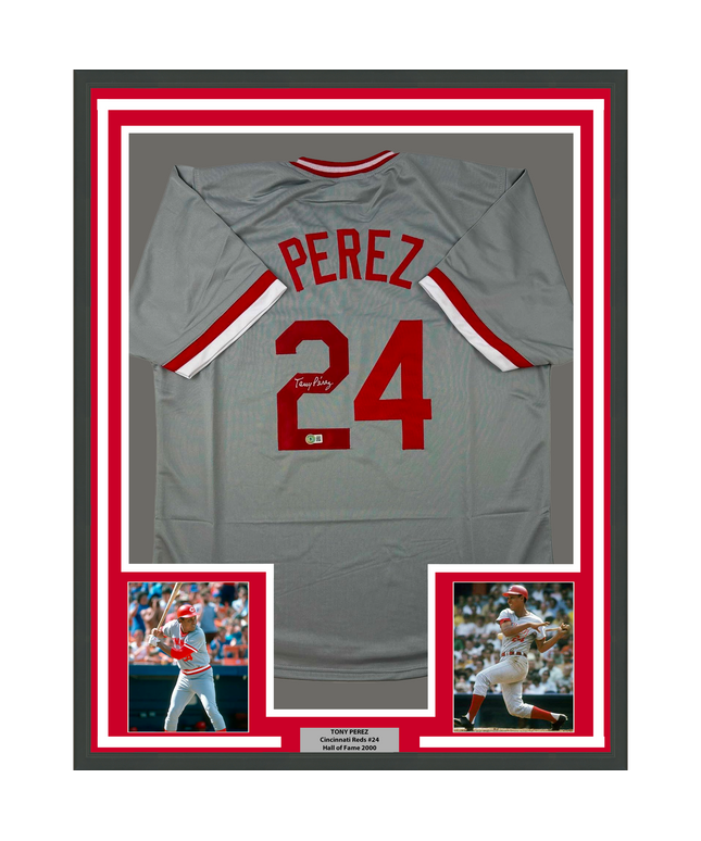 Framed Autographed/Signed Tony Perez 35x39 Cincinnati Grey Baseball Jersey Beckett BAS COA