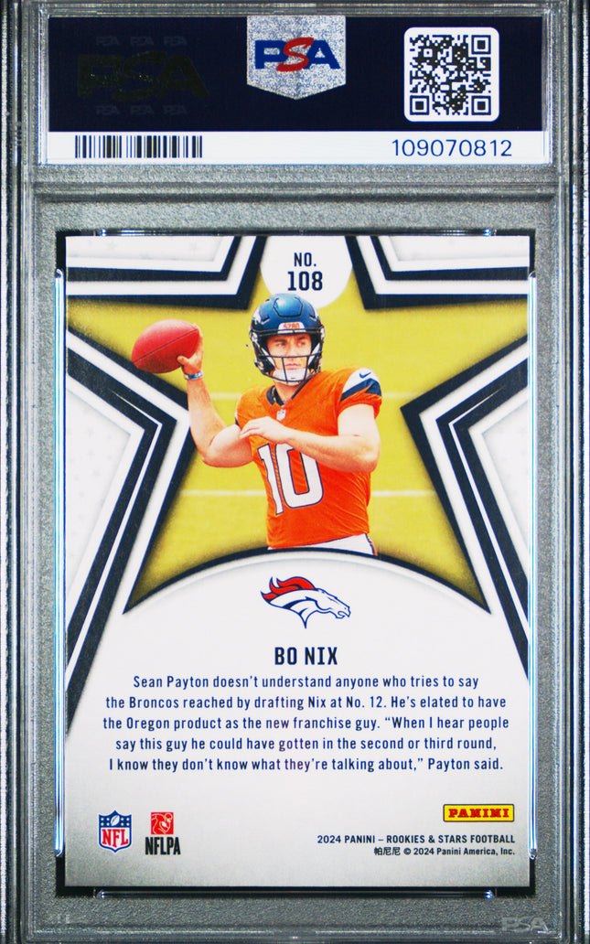 Graded 2024 Panini Rookies & Stars Bo Nix #108 Longevity RC Football Card PSA 10 Gem Mint