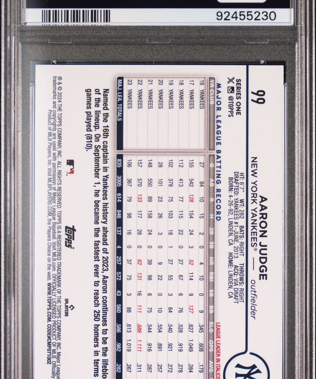 Graded 2024 Topps Aaron Judge #99 Silver Crackle Foil Board Baseball Card PSA 10 Gem Mint