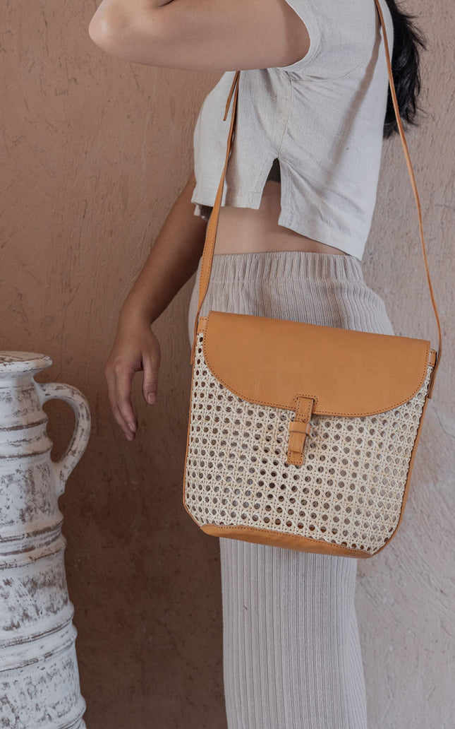 Rumi Leather and Cane Bucket Bag