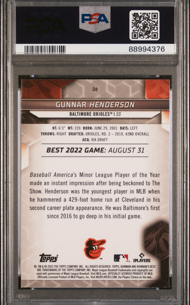 Graded 2023 Topps Bowmans Best Gunnar Henderson #26 Wave Rookie RC Baseball Card PSA 10 Gem Mint