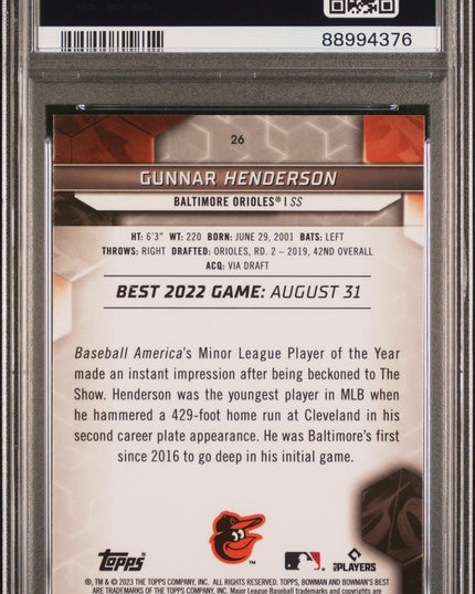 Graded 2023 Topps Bowmans Best Gunnar Henderson #26 Wave Rookie RC Baseball Card PSA 10 Gem Mint