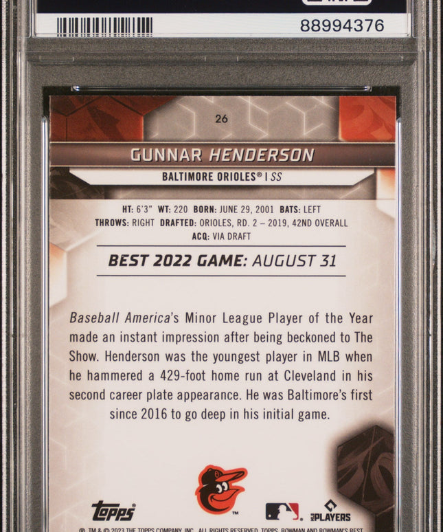 Graded 2023 Topps Bowmans Best Gunnar Henderson #26 Wave Rookie RC Baseball Card PSA 10 Gem Mint