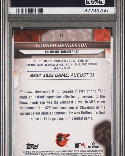 Graded 2023 Topps Bowmans Best Gunnar Henderson #26 Rookie RC Baseball Card PSA 10 Gem Mint