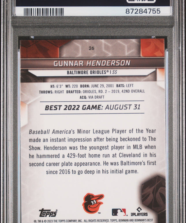 Graded 2023 Topps Bowmans Best Gunnar Henderson #26 Rookie RC Baseball Card PSA 10 Gem Mint