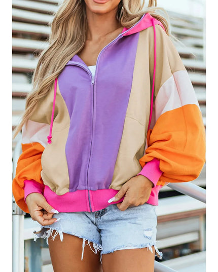 Women Drawstring Color Block Zip Up Long Sleeve Hoodie