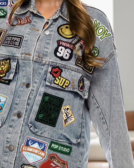 Embroidered Patch Button Up Long Sleeve Denim Jacket