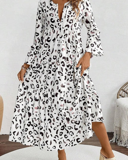 Leopard Print Notch V Neck Loose Fit Maxi Dress