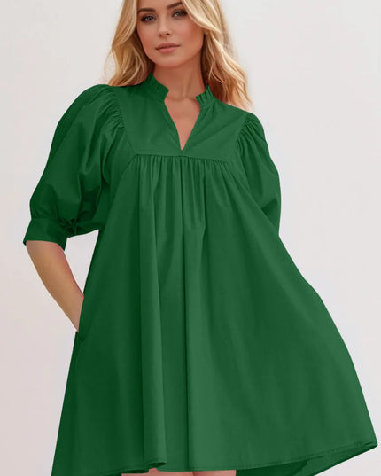 Oh Frill Notched Puff Sleeve Babydoll Mini Dress