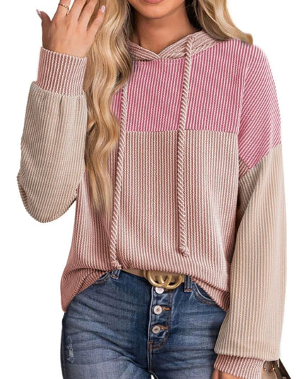 Women Drawstring Color Block Long Sleeve Hoodie