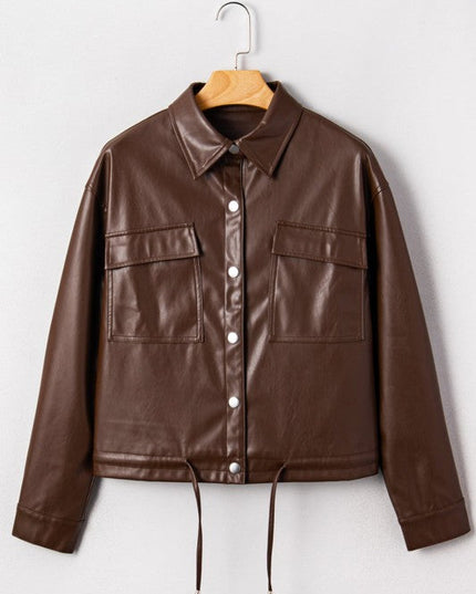 Leather Drawstring Hem Pocketed Jacket