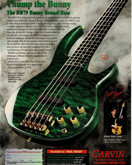 CARVIN GUITARS - BB75 - BUNNY BRUNEL - 1995 Print Advertisement
