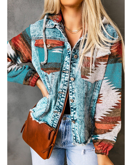 Women Drawstring Hooded Pocketed Denim Jacket