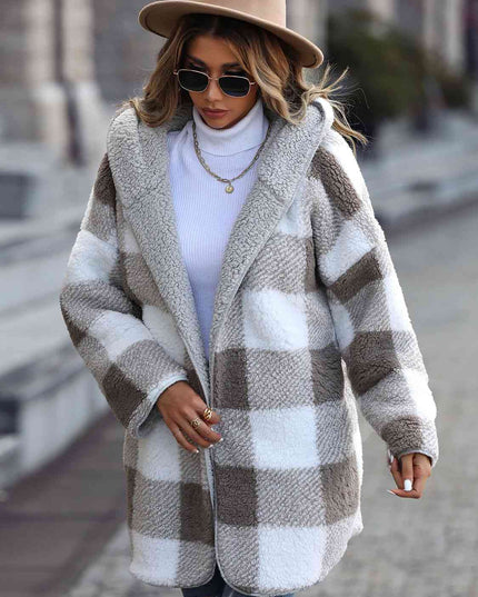 Women Plaid Open Front Hooded Coat