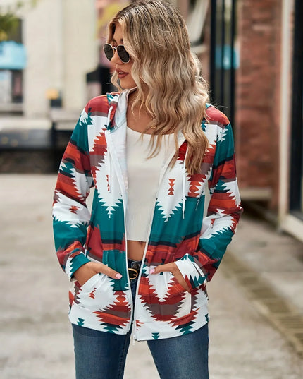 Geometric Zip Up Long Sleeve Hooded Jacket