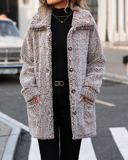 Women Pocketed Collared Neck Long Sleeve Plush Jacket