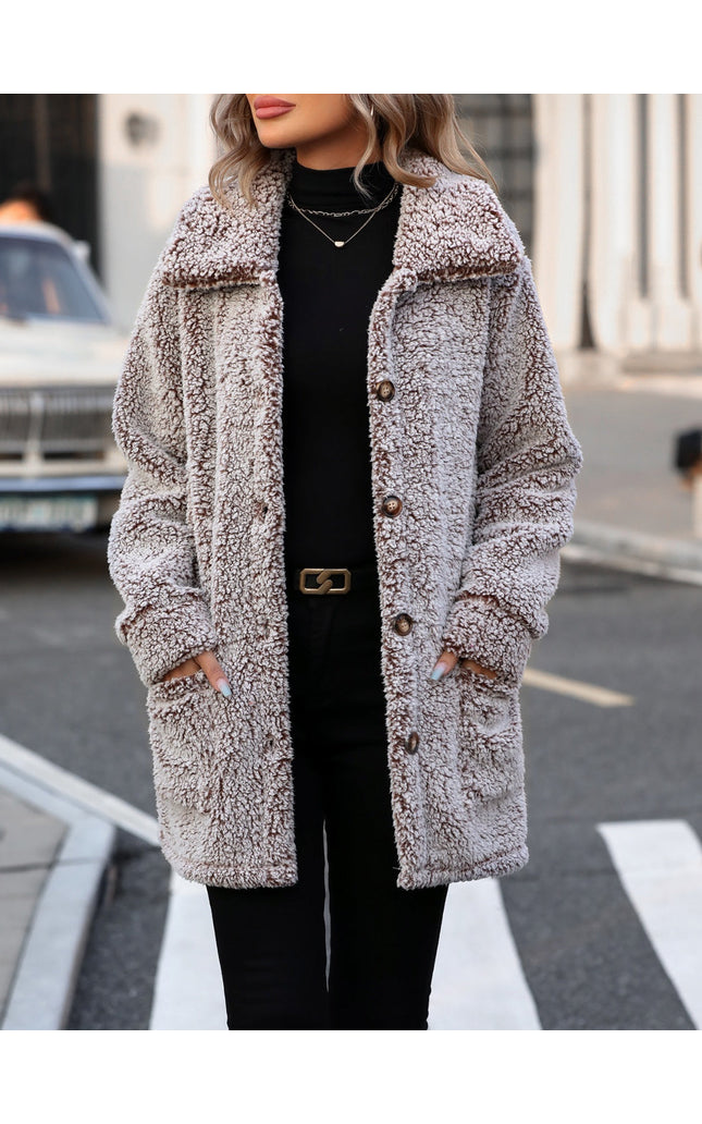 Women Pocketed Collared Neck Long Sleeve Plush Jacket