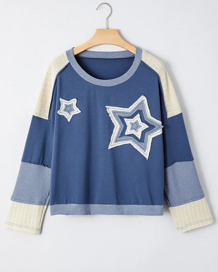 Contrast Knitted Colorblock Star Patchwork Oversize Long Sleeve Top