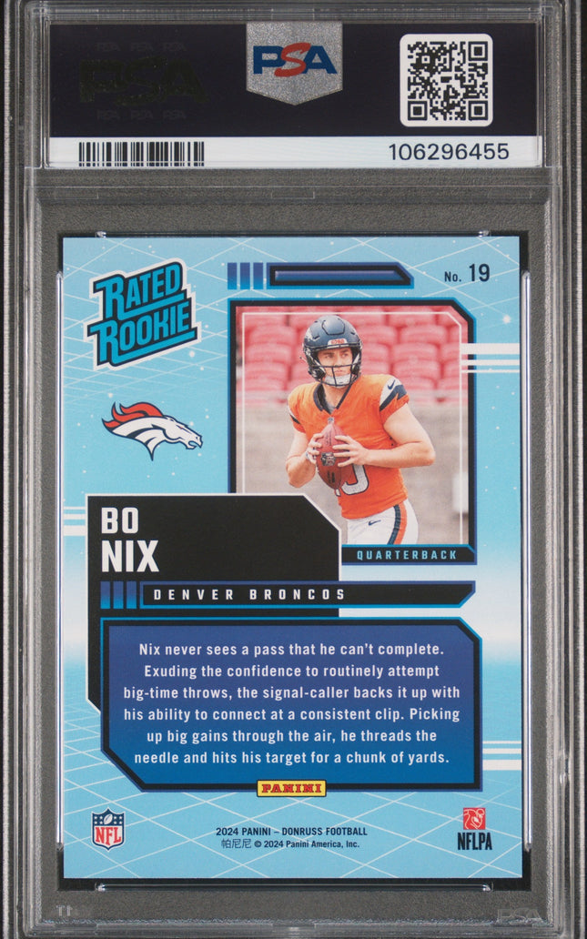 Graded 2024 Panini Donruss Bo Nix #19 Rated Rookies Retro Rookie RC Football Card PSA 10 Gem Mint