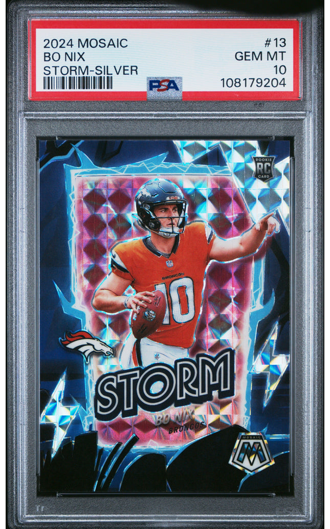 Graded 2024 Panini Mosaic Bo Nix #13 Storm Silver Rookie RC Football Card PSA 10 Gem Mint