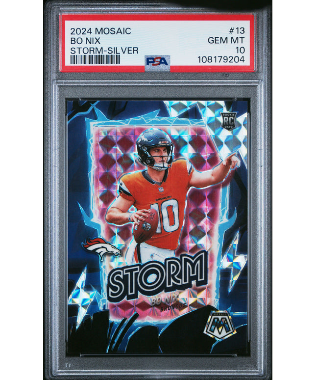 Graded 2024 Panini Mosaic Bo Nix #13 Storm Silver Rookie RC Football Card PSA 10 Gem Mint