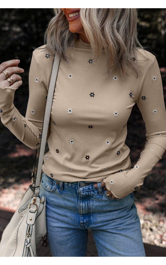 Floral Ribbed Embroidered Long Sleeve Top