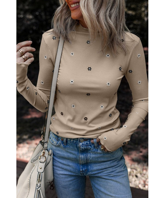 Floral Ribbed Embroidered Long Sleeve Top