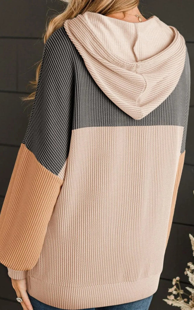 Women Drawstring Color Block Long Sleeve Hoodie