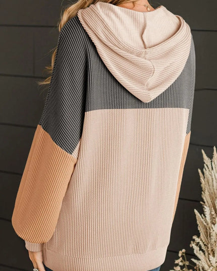 Women Drawstring Color Block Long Sleeve Hoodie