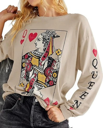 Queen of Hearts Playing Card Graphic Round Neck Sweatshirt