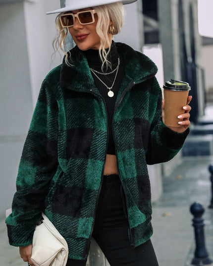 Plaid Zip-Up Collared Jacket