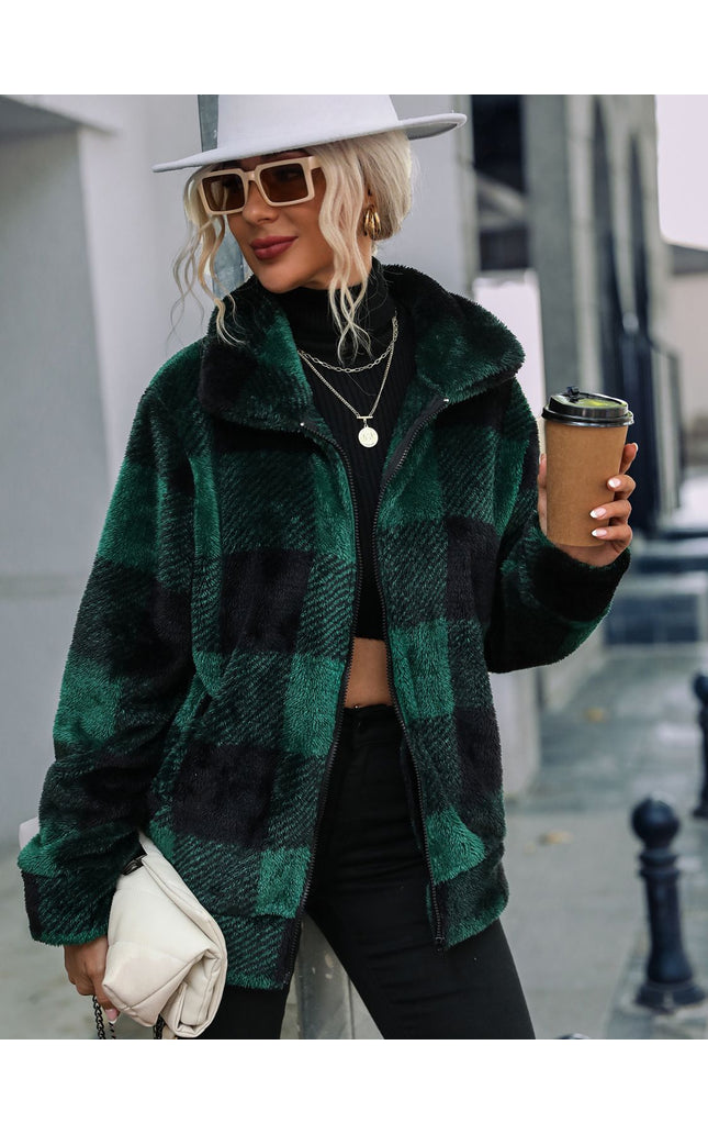 Plaid Zip-Up Collared Jacket