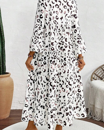Leopard Print Notch V Neck Loose Fit Maxi Dress