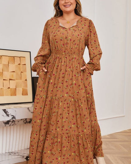 Plus Size Floral V-Neck Ruffle Sleeve Tiered Dress