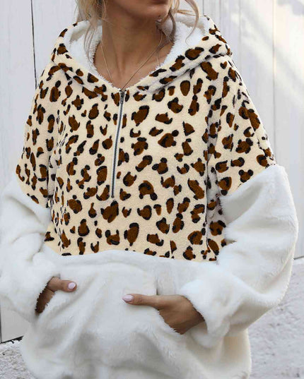 Women Leopard Half-Zip Dropped Shoulder Hoodie