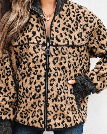 Leopard Zip-Up Stand Neck Side Pocket Jacket