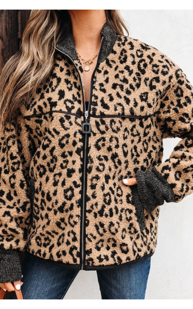Leopard Zip-Up Stand Neck Side Pocket Jacket