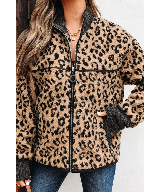 Leopard Zip-Up Stand Neck Side Pocket Jacket