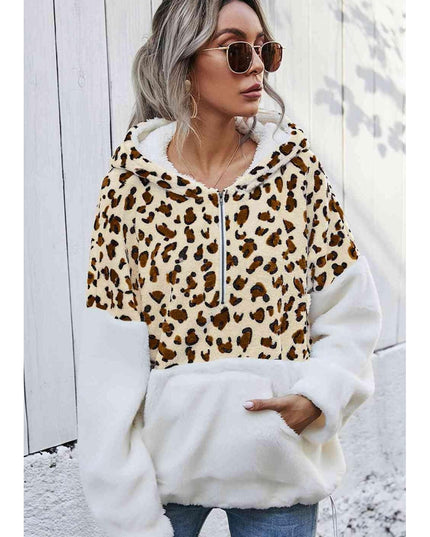 Women Leopard Half-Zip Dropped Shoulder Hoodie
