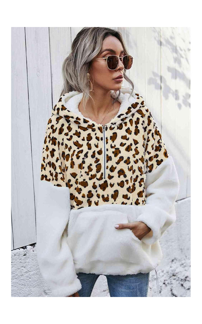 Women Leopard Half-Zip Dropped Shoulder Hoodie