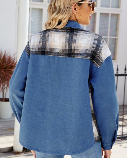 Plaid Button Up Long Sleeve Denim Jacket
