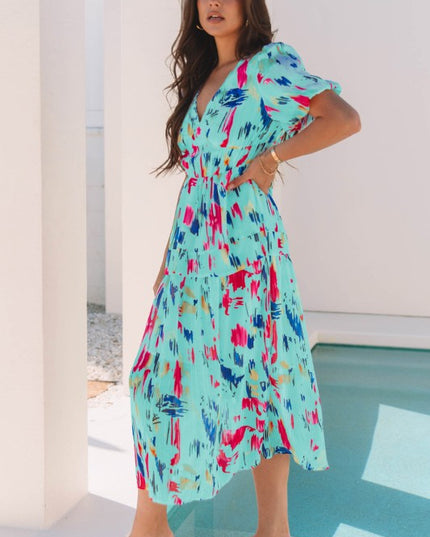 Roselyn Abstract Short Puff Sleeve Tiered Maxi Dress