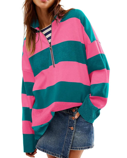 Striped Half-Zip Oversized Sweatshirt