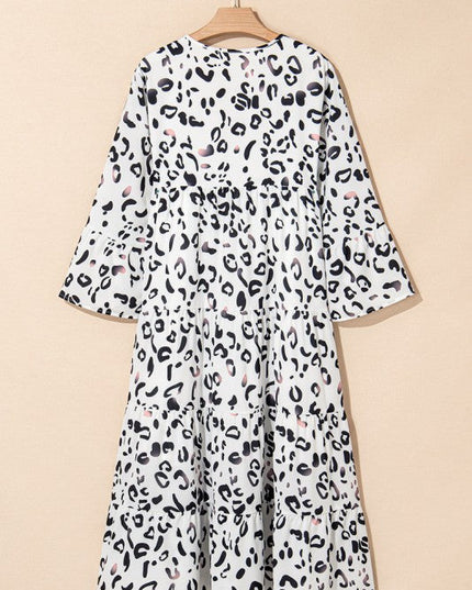 Leopard Print Notch V Neck Loose Fit Maxi Dress