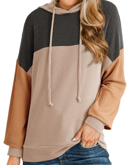 Women Drawstring Color Block Long Sleeve Hoodie